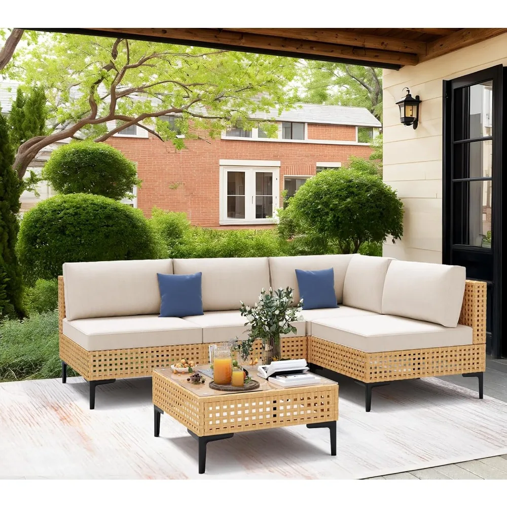 5-teiliges Terrassenmöbel-Set für den Außenbereich, freie Kombination, Outdoor-Couch mit dickem Kissen, wetterfestes Terrassenmöbel aus Korbgeflecht