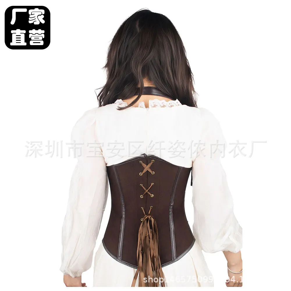 مشدات المحكمة الأوروبية والأمريكية، أشرطة كتف نسائية معلقة على الرقبة من جلد البولي يوريثان، ختم الخصر على شكل عظمة فولاذية، كور الخصر