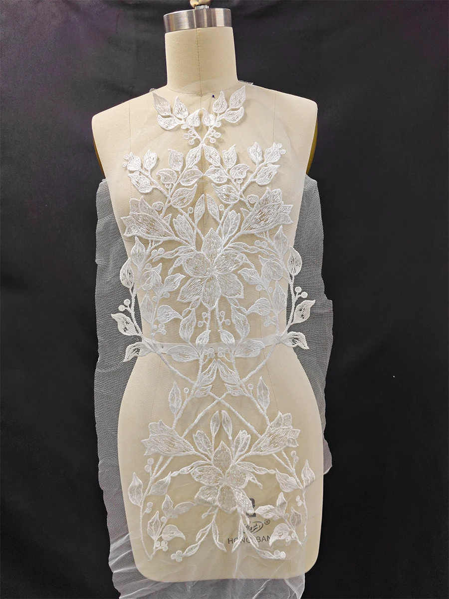 

White Embroidered Lace Fabric | Wedding Dress Formal Gown Appliqué Trim | Handmade DIY Craft Accessories