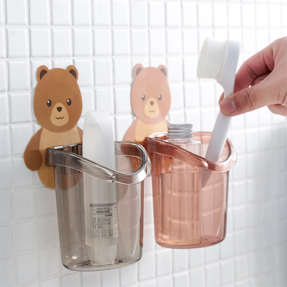 Cute Bear Home Storage Cup Wall Mount Toothbrush Toothpaste Cup Holder Case Bathroom Organization Accessories