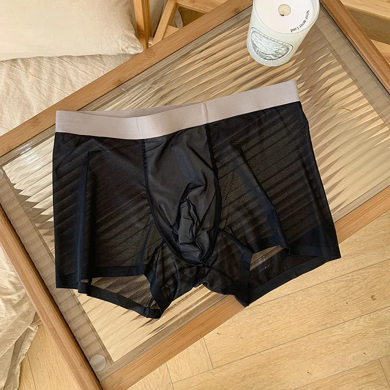 Celana dalam pria, pakaian dalam mulus transparan, celana Boxer seksi Ultra tipis, bernafas, cepat kering kantong U