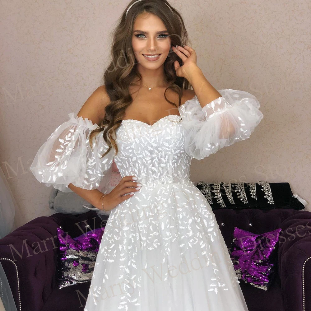 Vestidos De Novia bohemios con escote Corazón, Apliques De encaje modernos, tul, manga corta, Simple