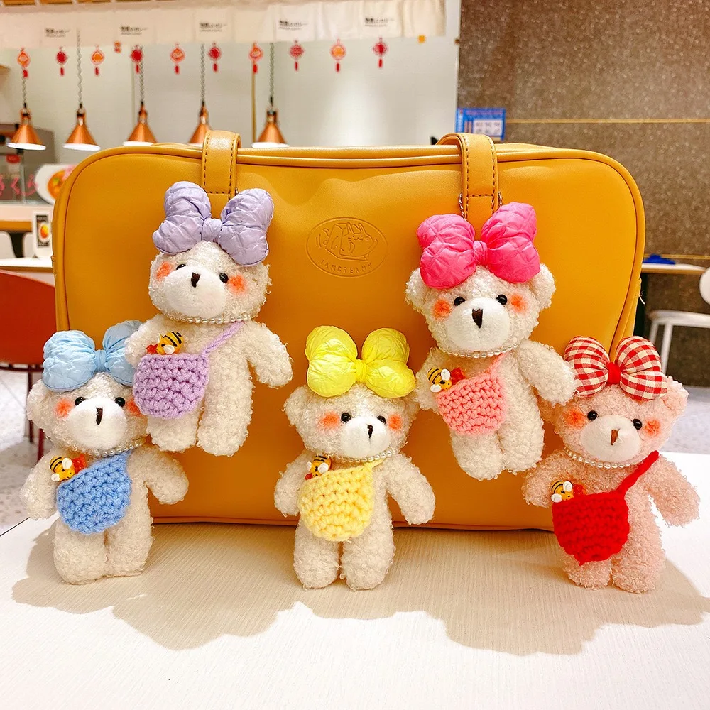 12cm Cute Bowknot Bear With Shoulder Bag Plush Toy Keychain Kawaii Bear Pendant Doll Birthday Couple Gift