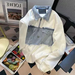 Oversized American High Street Denim Panels Long-sleeved Sweatshirt For Men And Women With The Same Autumn Loose Fashion Brand V