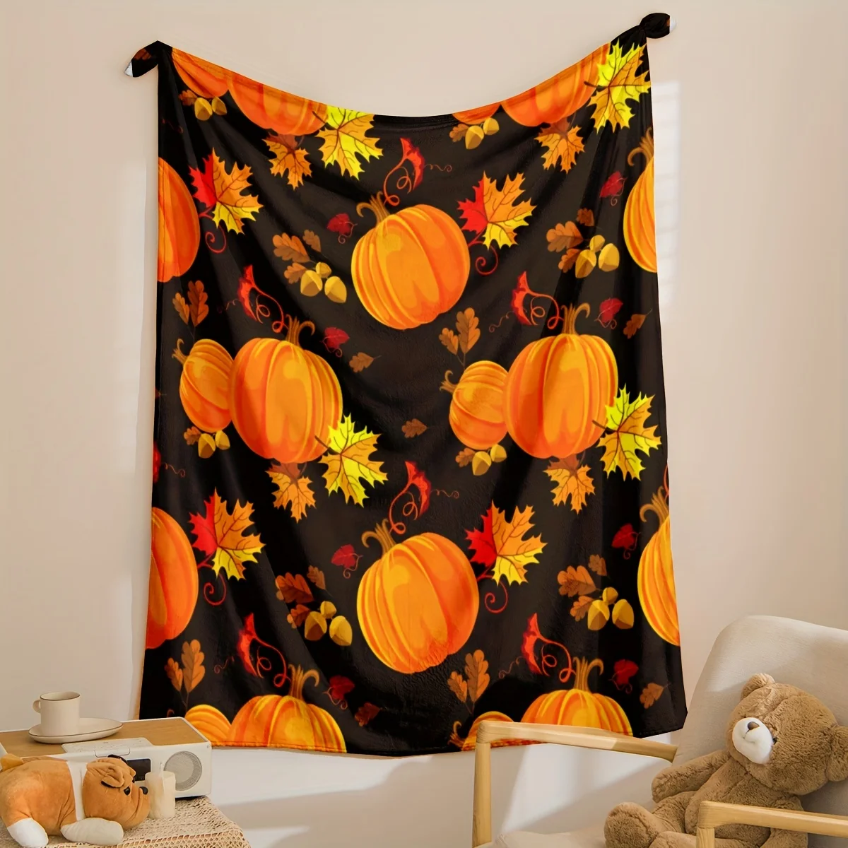 

[Acogedor tiro de franela de Halloween] suave 1 pieza acogedora manta de franela de calabaza de Halloween y hojas de otoño-sofá