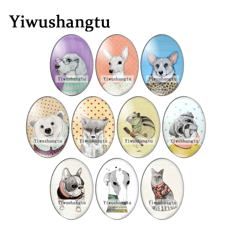 Cartoon cute dog rabbit cat bear painting 13x18mm/18x25mm/30x40mm Oval photo glass cabochon demo flat back Making findings