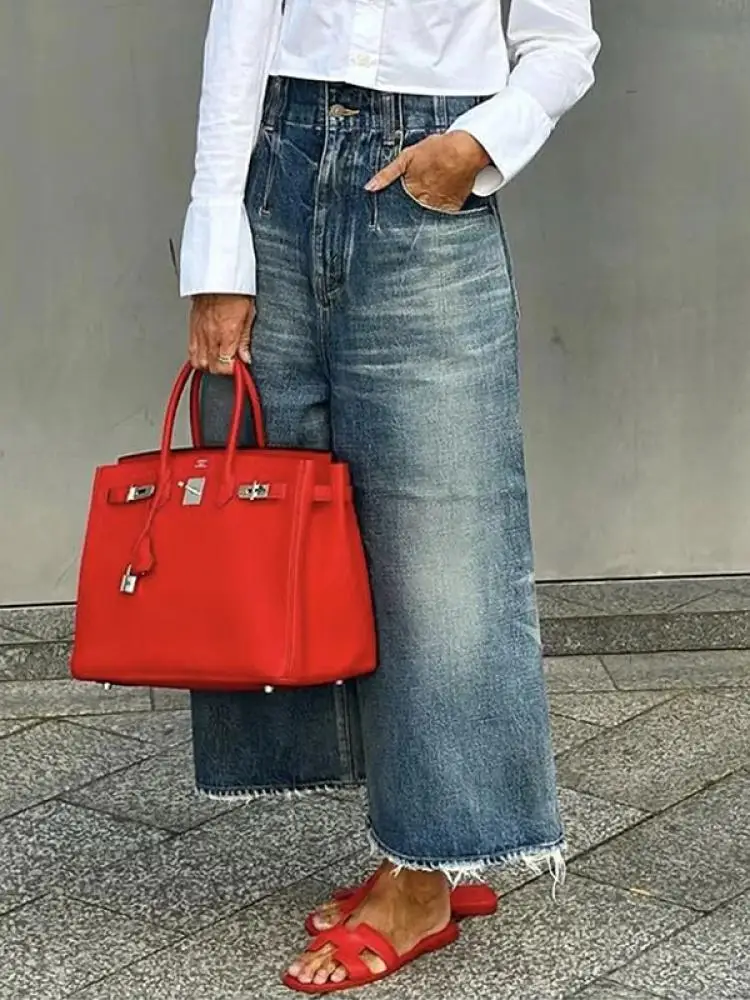 Freeacy Damen Imitation Jeans hose Frühlings-und Sommer mode High Taille Wide Leg Jeans Casual Streetwear Bottoms