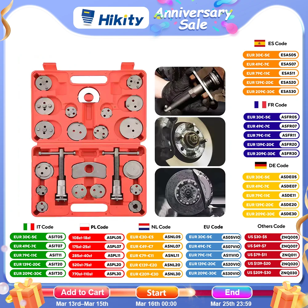 Outil de compression d'étrier de frein Hikity 22 pièces, outil de compression d'étrier de frein robuste, outil de piston d'étrier pour le remplacement et la réinitialisation des plaquettes de frein