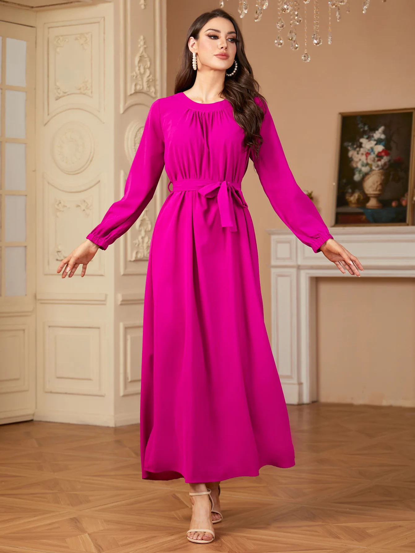 

Muslim Women Long Sleeve Belted Maxi Dress Dubai Abaya Turkey Kaftan Eid Djellaba Islam Clothing Arab Robe Caftan Marocain Gown