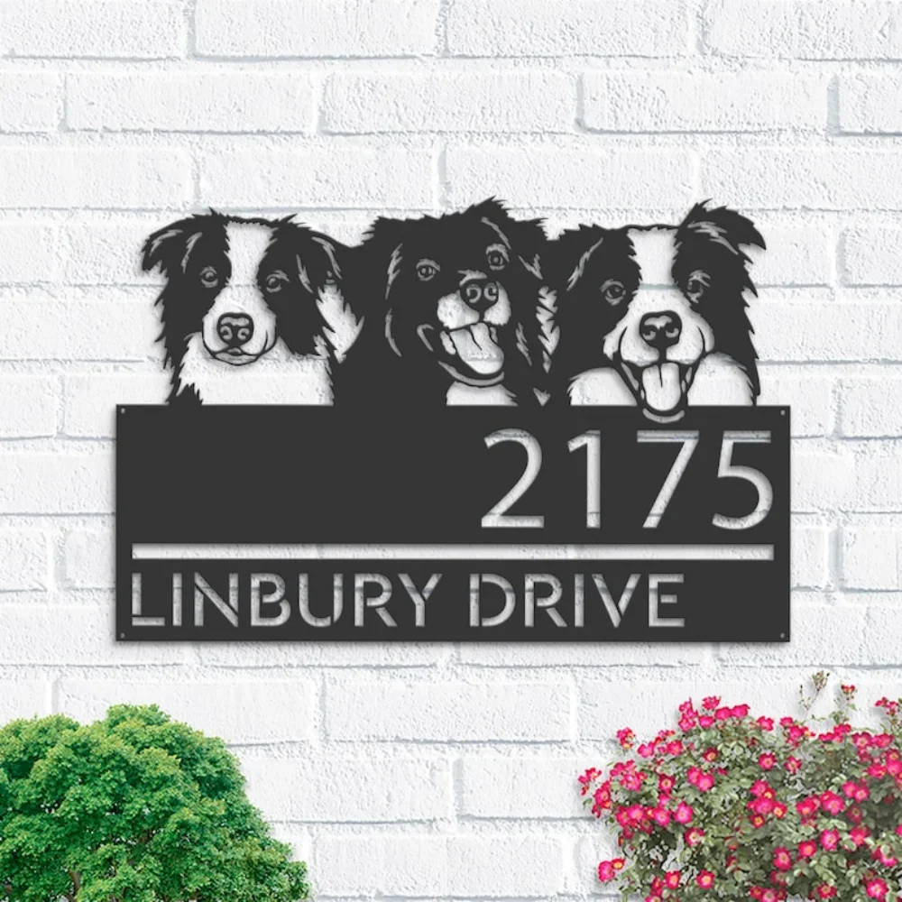 Personalized Peeking Dogs Border Collie Address Sign House Number Hanging Plaque Yard Outdoor Sign Garden Stake Adorable