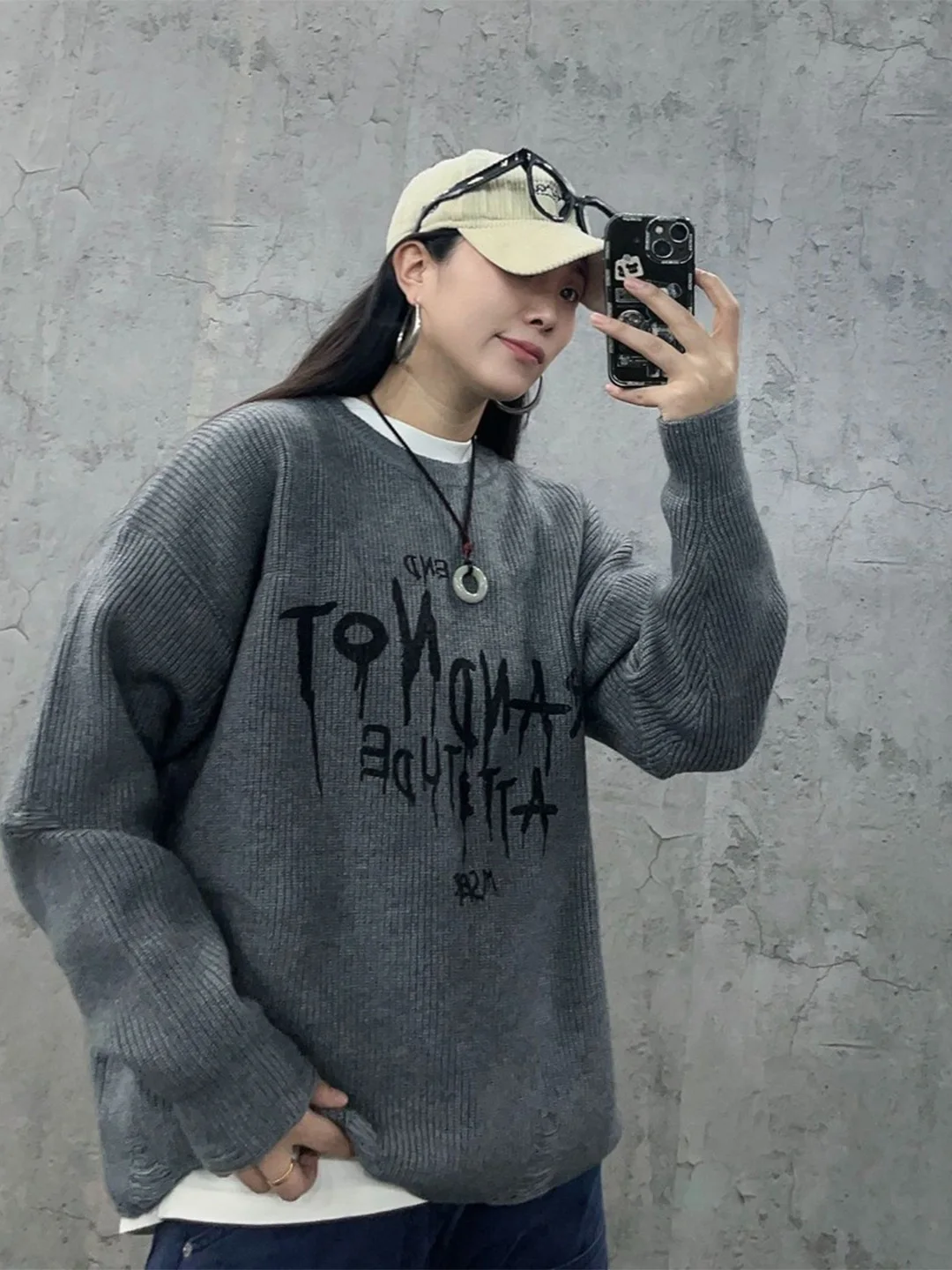 

Retro American Loose Fit Men's Knitted Sweater round Ne Hole Punch Trendy Print Autumn Winter Overhead Coat Youth Faion