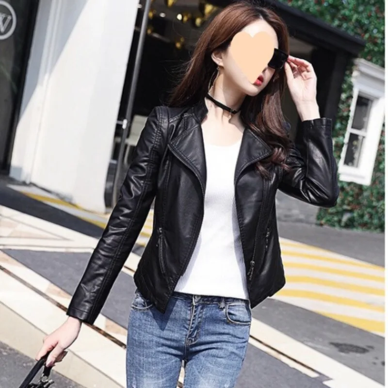 

Spring Autumn New Casual Women Leather Jacket Lapels Long Sleeves Short Slimming Black PU Coat Zipper Pockets Women's Jackets