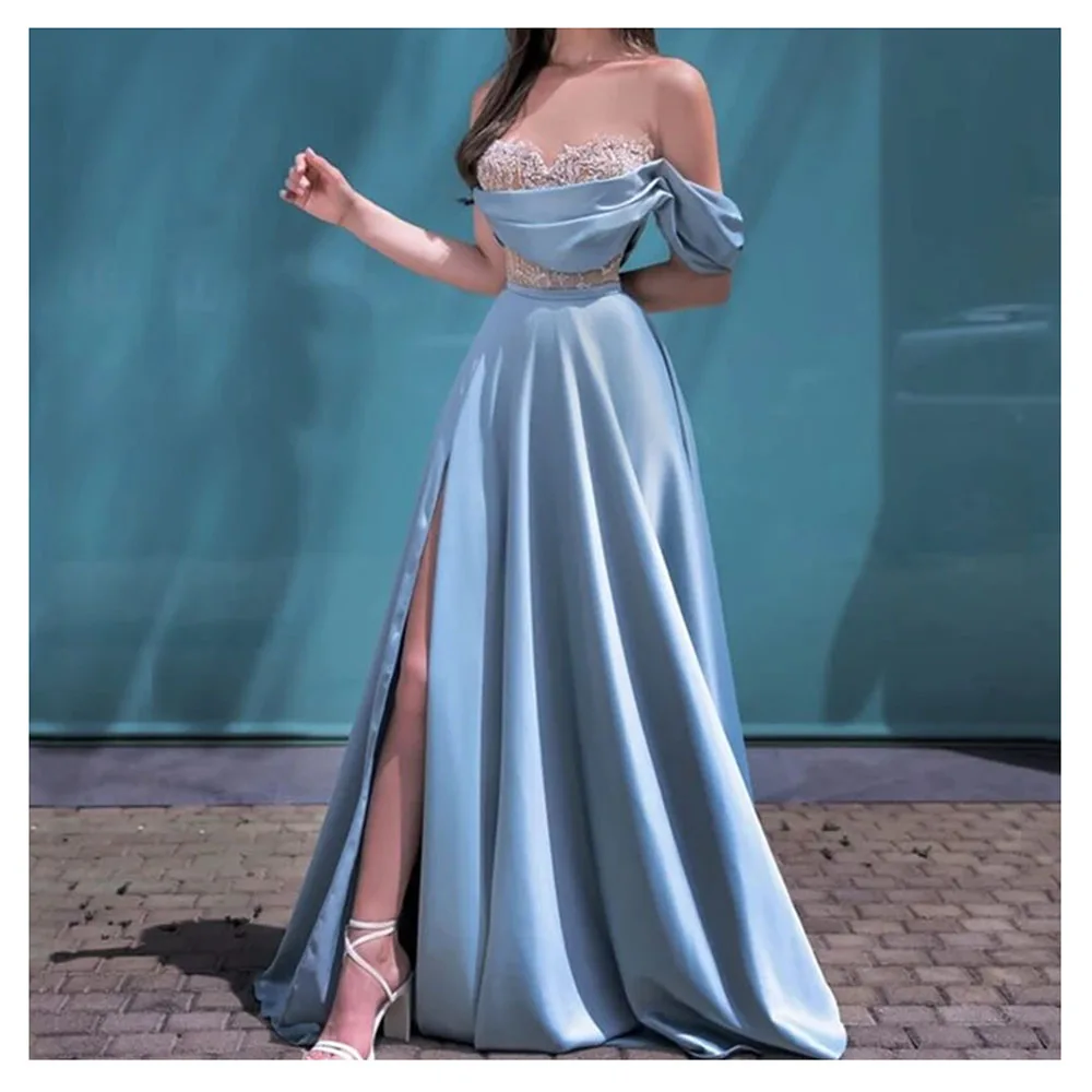 Classic Simple Light Blue Satin Evening Women Dress Side Slit Sweetheart Off Shoulder Slimming Pretty Formal Occasion Dresses