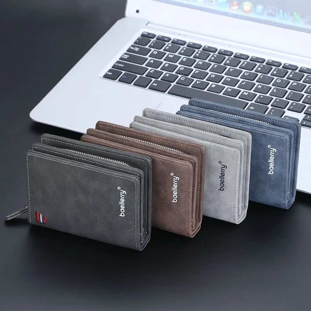 New Frosted Leather Men's Short Wallet Multi-slot Large Capacity Card Holder Zipper Solid Color Coin Purse