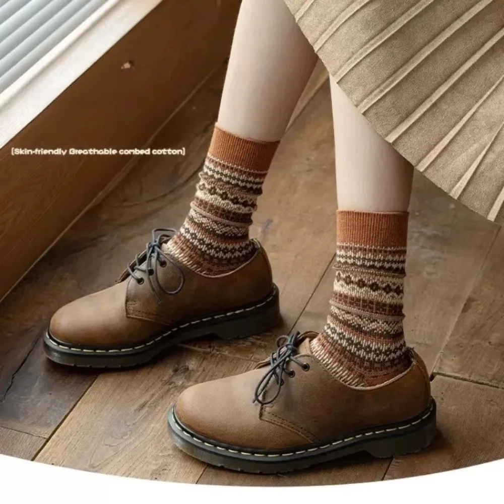 New Retro Fair Isle Christmas Socks Cotton Thickened Warm Socks Colour Blocking Stacked Sock for Men And Women