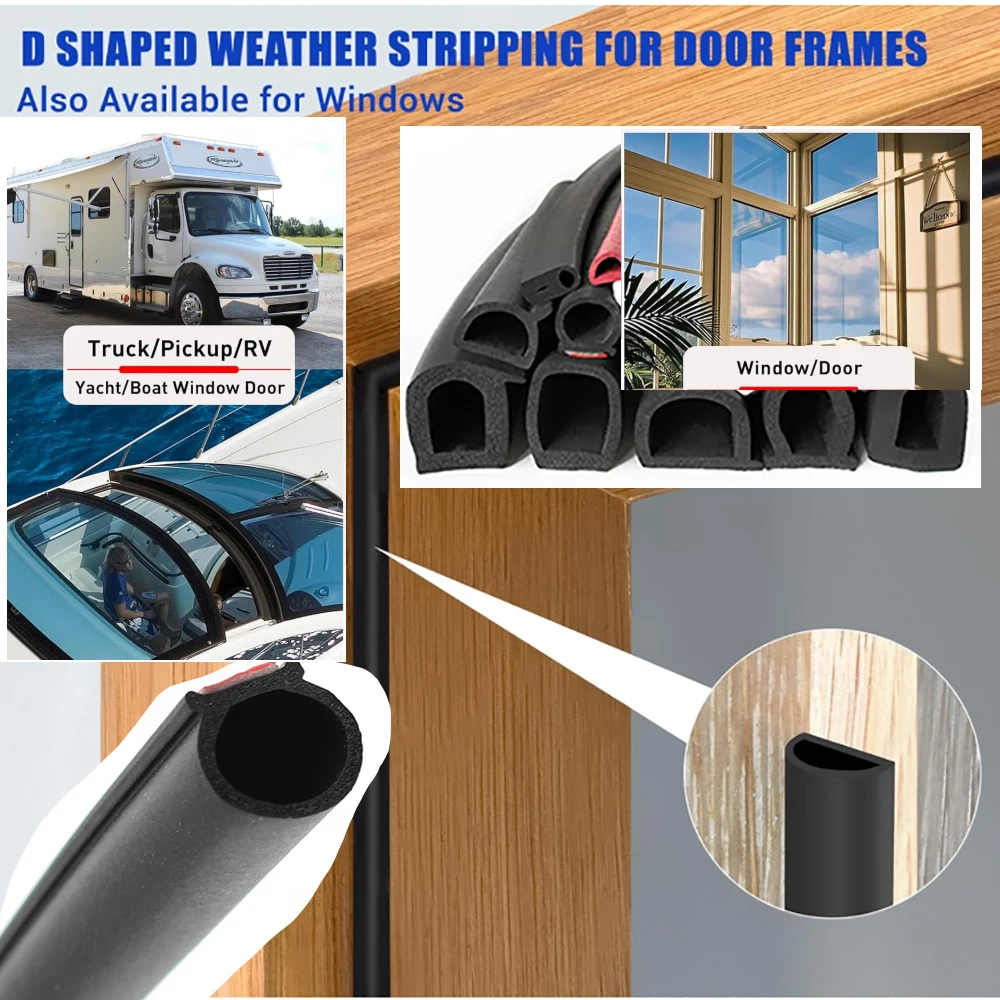 1M EPDM Self-Adhesive Door Window Sealing Strip D-Type Hollow Foam Noise Insulation Anti-Dust Car Door Universal Accessories