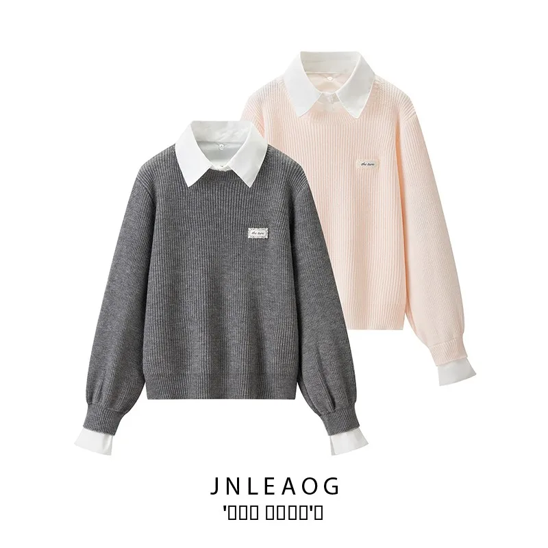 

JNLEAOG Autumn New Women's Faion Lazy Fake Two-Piece Knitted Sweater Top Loose Fit Long Sve Polyester Fiber Casual Sle