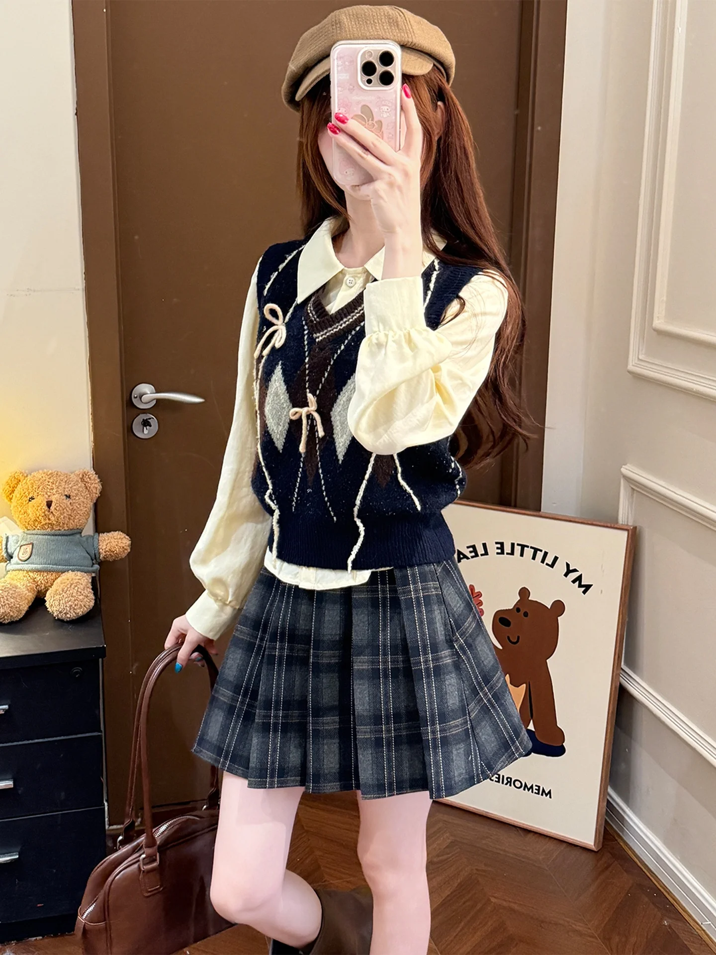 London Snow Song Retro Japanese Style College Wind Knitted Vest Set Women's Layered Shirt Short Skirt Geometric Pattern