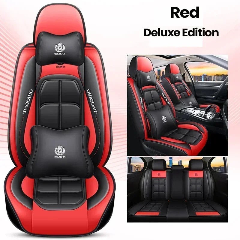 Fundas de asiento Juego completo universal de 5 asientos, cuero de PVC de lujo totalmente rodeado de fundas de asiento de coche impermeables delanteras y traseras