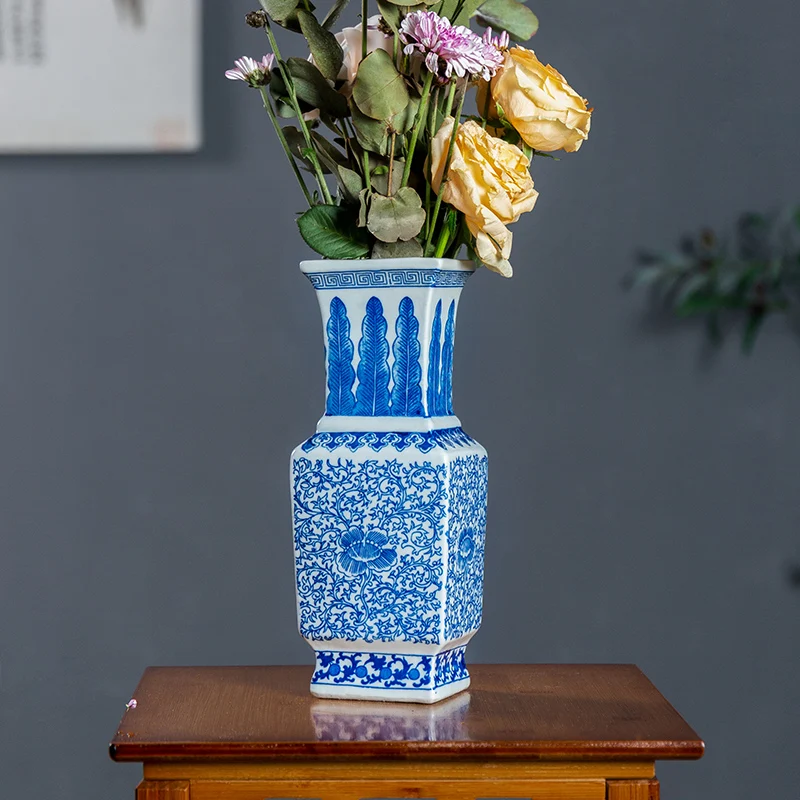 Chinese Style Decor Ceramic Vase Chinese Blue and White Porcelain Vase Ornaments Small Mini Antique Square Ancient Flower Bottle