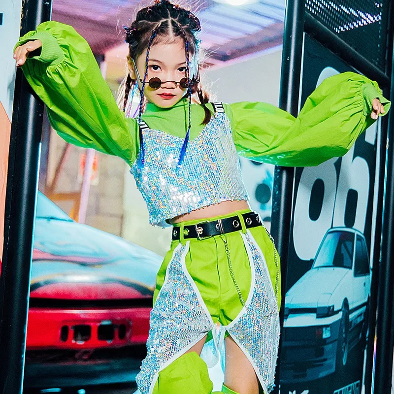 

Model T-Stage Top Pants Stage Costume Kids Girl HipHop Dance Jazz Fluorescent Green Top Show Clothes Performance Outfit Clothing