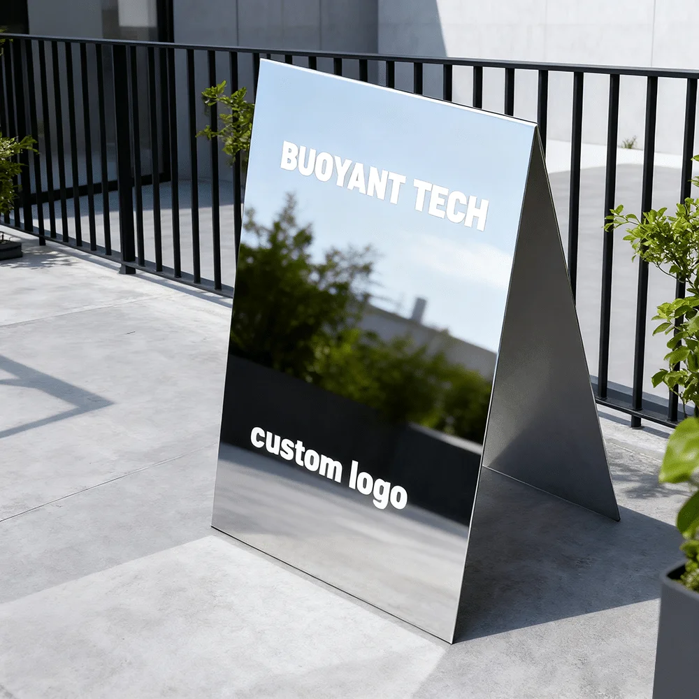 Outdoor-Bodenständer aus Metall mit Gewichtung, A-Frame-Schilder, Spiegel-Edelstahl-Ständer, Ladentür-Aufsteller, individuelles A-Frame-Sandwich-Board