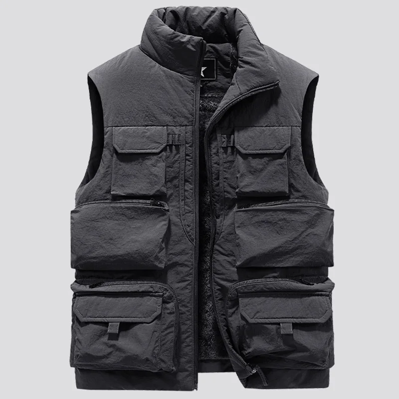 Men's Winter Sleeveless Jacket, Waistcoat, Thick Warm Fleece, Worker Cargo Vest, Windbreaker, Fashion, Many Pocket Coat Big Size