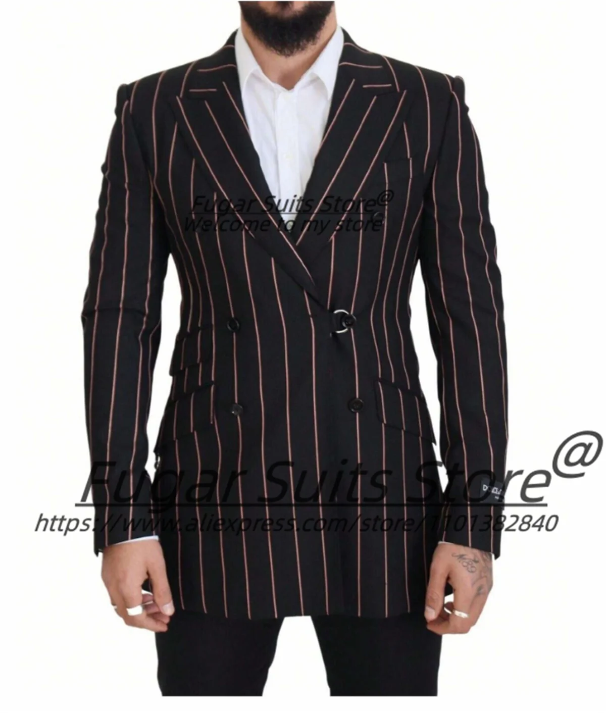 

Handsome Black Stripe Men Suits Slim Fit Double Breasted Groom Tuxedos 2 Pieces Sets High-quality Male Blazers Costume Homme