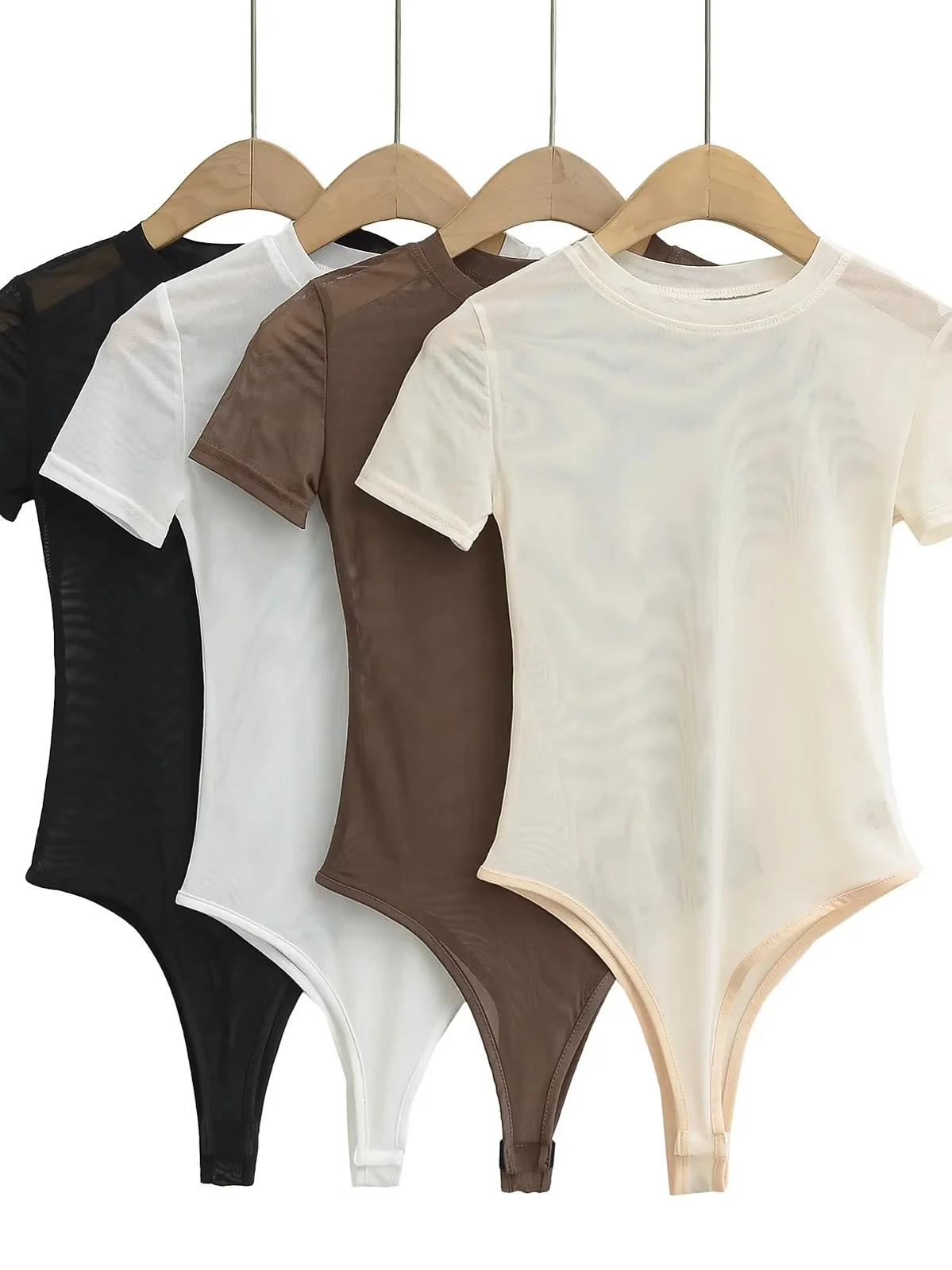 acão Sexy de Manga Curta Estilo Americano para Mulheres, Cseta Base Slimming de Decote Redondo em Malha Transparente