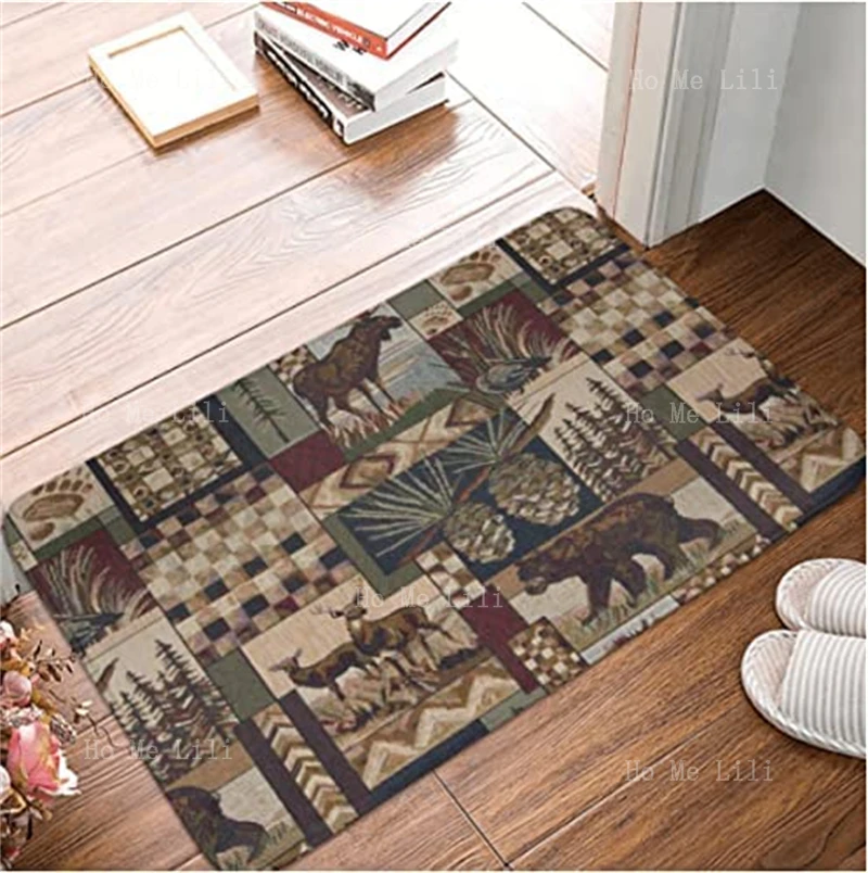 Rustic Lodge Bear Moose Deer Pineapple Collage Design Flannel Floor Rugs Non Slip Absorbent Carpet Decor For Living Room