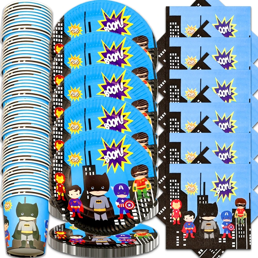 60pcs/lot Superhero Batman Superman Theme Cups Plates Napkins Birthday Party Dishes Tableware Set Decorate Events Supplies