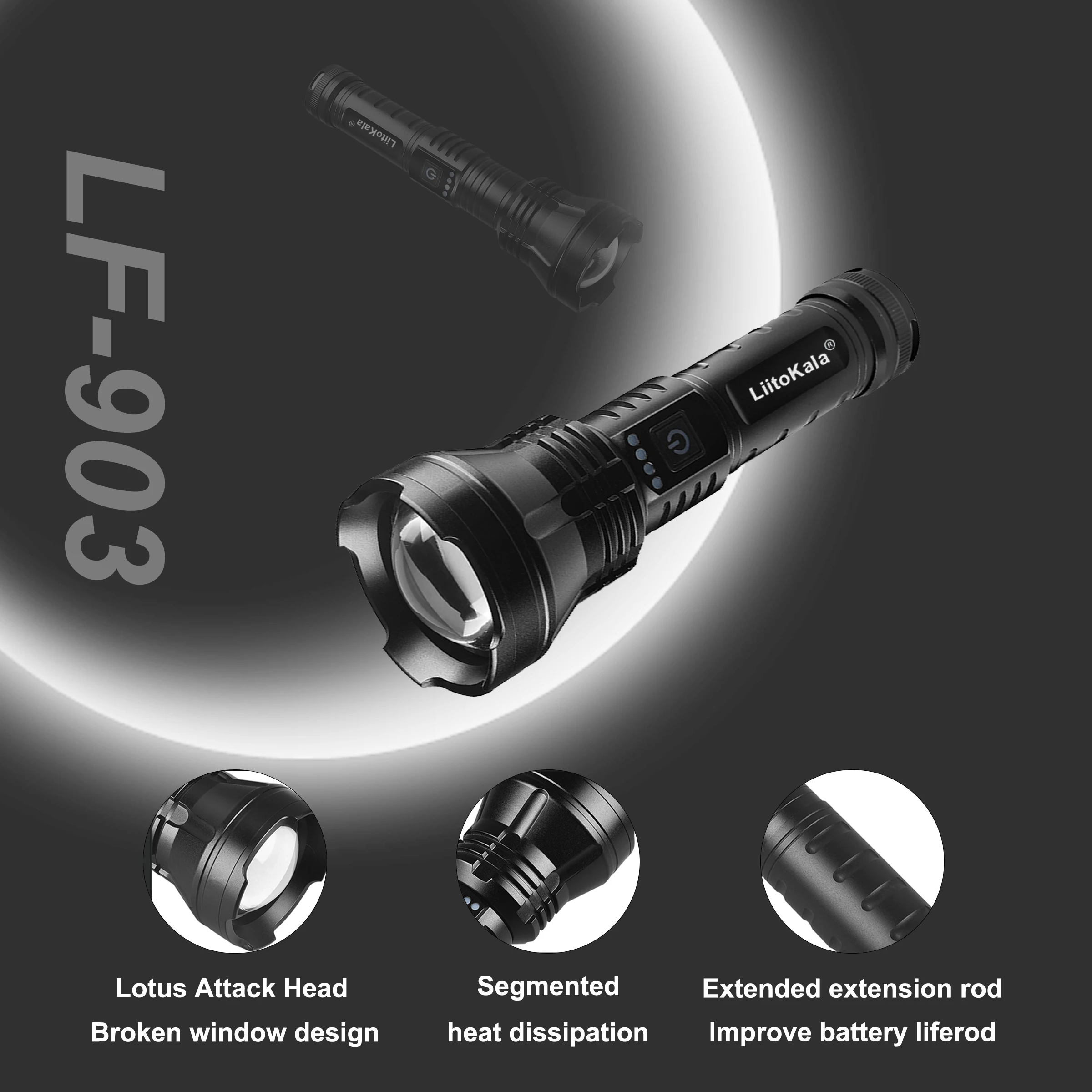 LiitoKala LF-903 26550 مصباح يدوي محمول عالي الكثافة للتخييم والتنزه في حالات الطوارئ كشاف خارجي