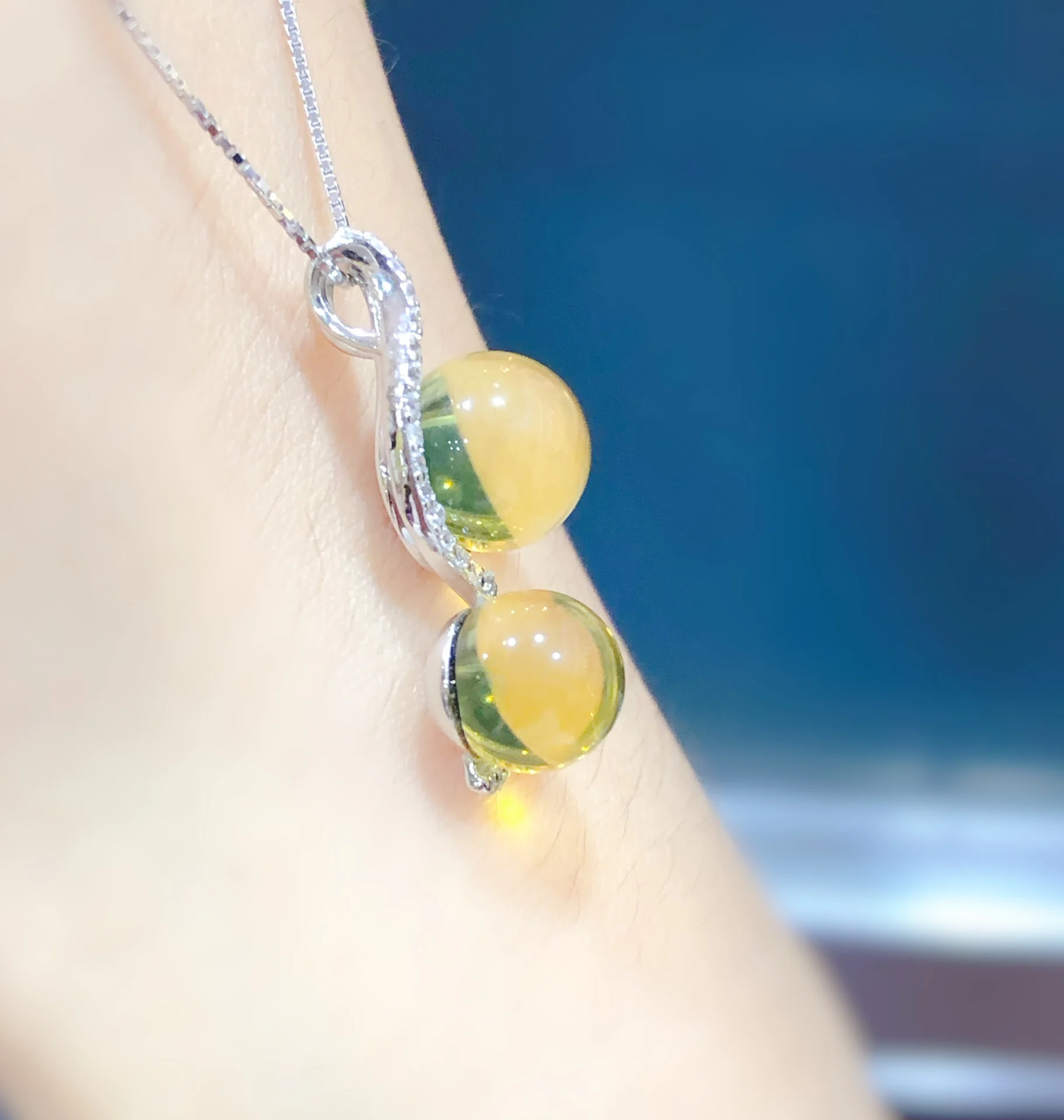 Mexican Blue Amber Pendant Sterling Silver Necklace 8mm 9mm Bead 2 in 1 Collar Minimalist Jewelry Regalo para Mujer Blue Amber