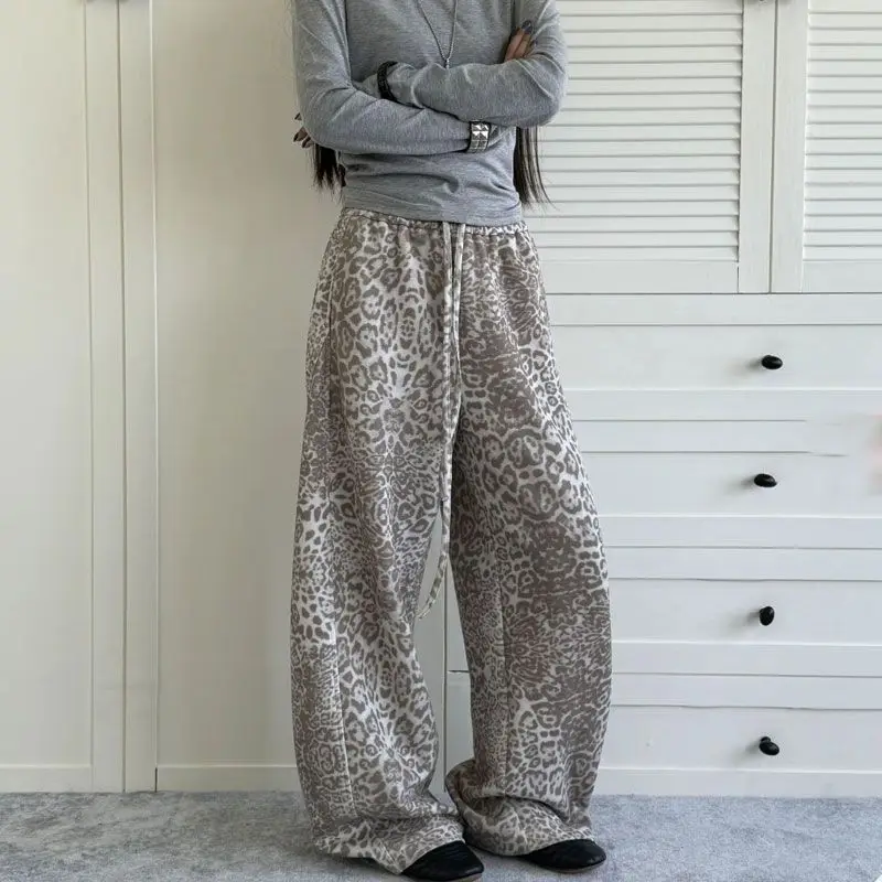 

Autumn Vintage Straight Tube Loose and Lazy Leopard Print Drawstring Hanging Casual Pants