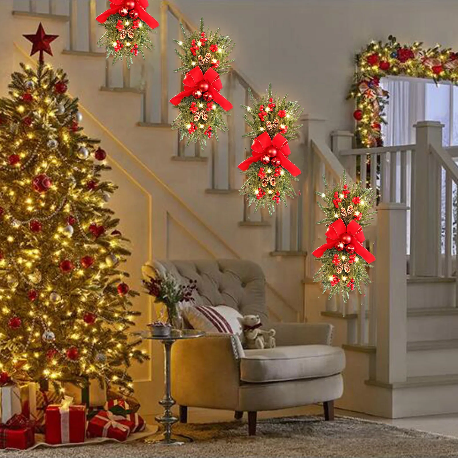 1PC Christmas Staircase Garland Red Bow Wreath Simulation Pinecone Decoration DIY Home Party Mall Decoration