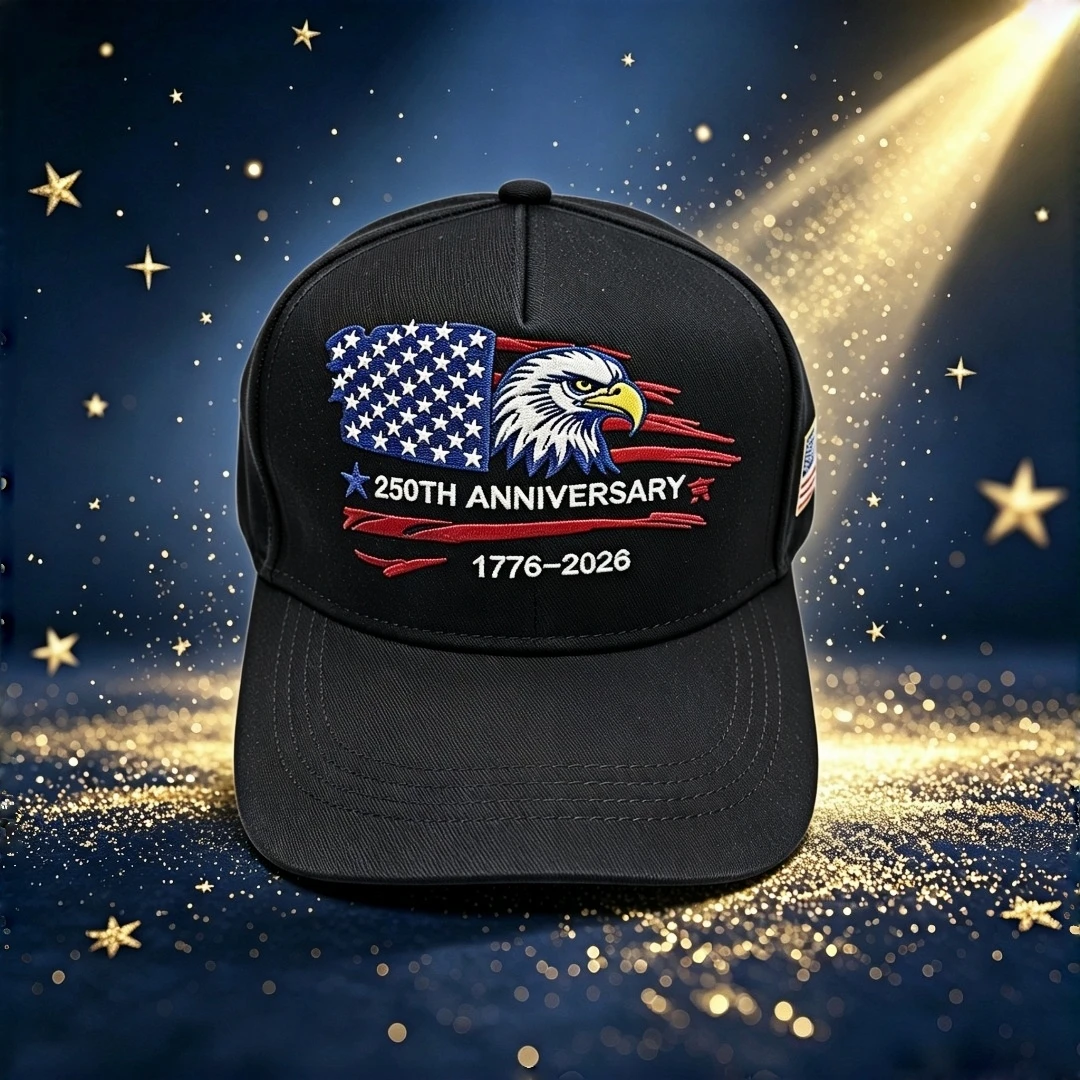 American Flag Embroidered Hat - 1776-2026. Patriotic adjustable outdoor sun hat for 250th anniversary of the founding of the Uni