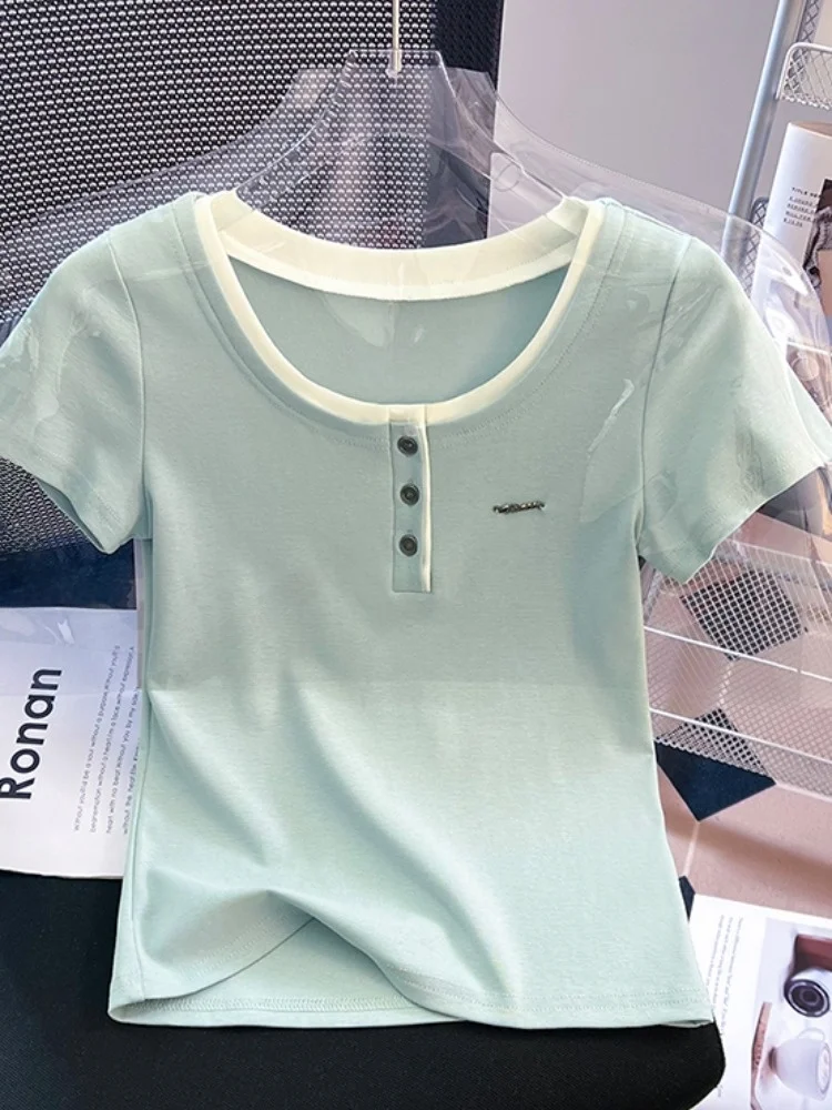 

Женская футболка Design Sensation ort Sve, облегающая длина до плеч, ложный летний топ из двух предметов, корейский хлопковый топ