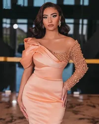 Vestido de noche de sirena árabe modesto, traje de satén de manga larga con cuentas de perlas para ocasiones formales, fiesta de graduación, 2023