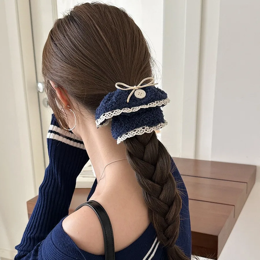 Fuzzy Scrunchie Bow Lace Trim Korean Winter Soft Stretchy Elastic Hair Tie for Women Daily Ponytail Home Party