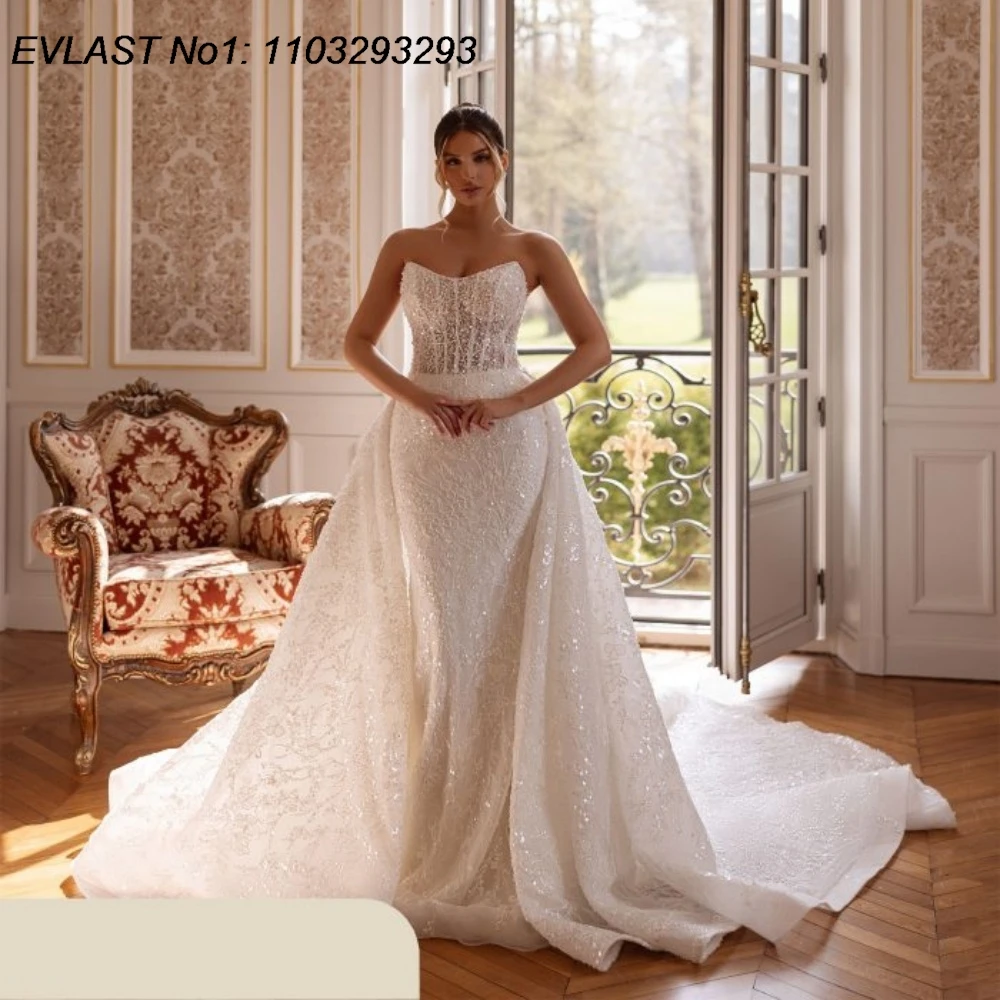 

EVLAST Customized Sexy Mermaid Wedding Dress Shiny Lace Applique Beading Detachable Train Bridal Gown Vestidos De Novia TMD110