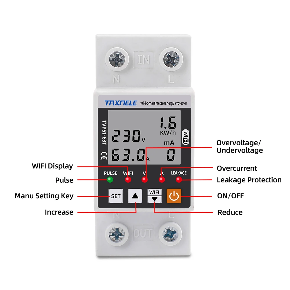 

63A Tuya WiFi Smart Earth Leakage Over Under Voltage Protector Relay Device Switch Breaker Smart Life Energy Power kWh Meter