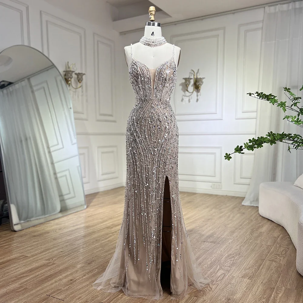 Serene Hill Silver Nude Mermaid Spaghetti with split Strap Beaded Evening Dresses Prom Gowns Customize Party 2025 BLA72047B