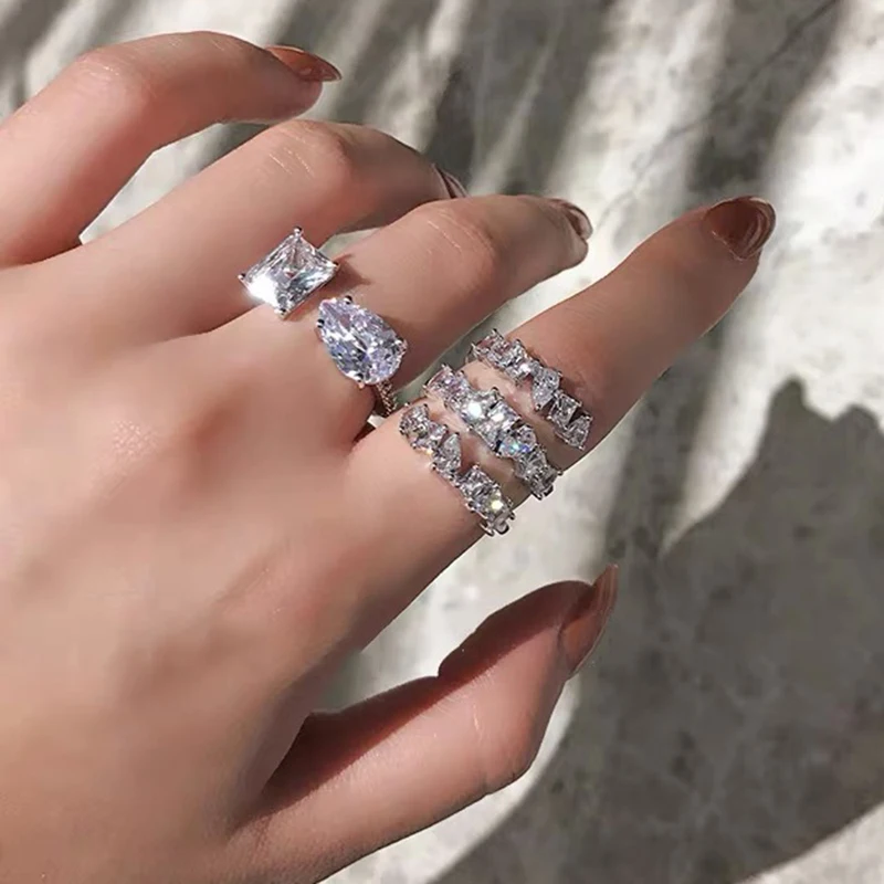 LXOEN 2022 Fashion 2 Layers Irregular AAA Cubic Zirconia Couple Wedding Open Adjust Rings for Charm Women Silver Color Jewelry