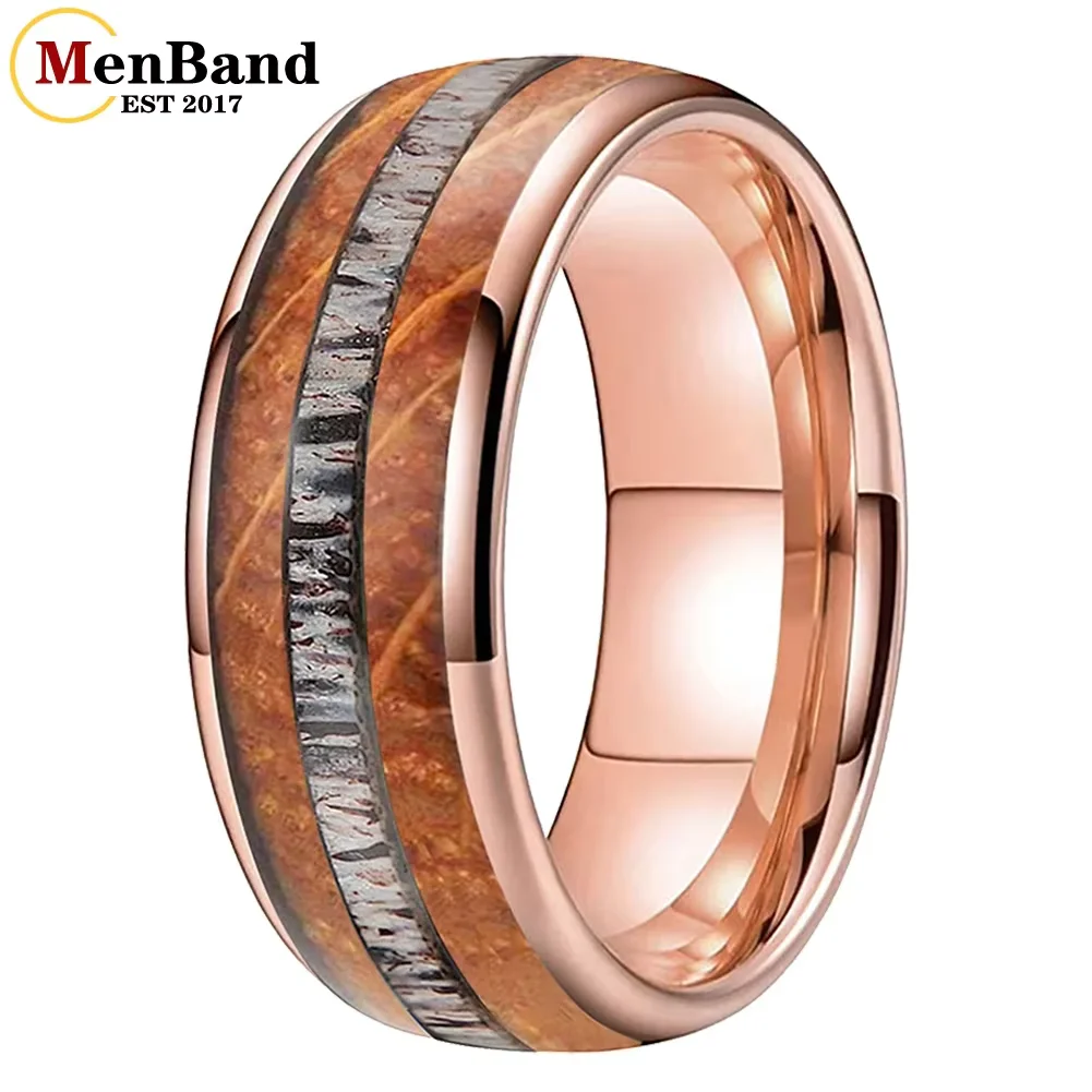MenBand Fashion 8MM Men Women Tungsten Carbide Wedding Ring Whiskey Barrel Oak Wood And Deer Antler Inlay Dome Comfort Fit