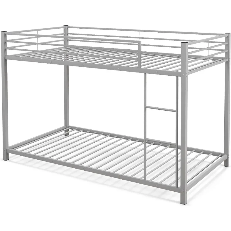 Twin Over Twin Metal Bunk Beds, Heavy Duty Bed Frame with Safety Guard Rail & Ladder, Low Floor Bunk Bed