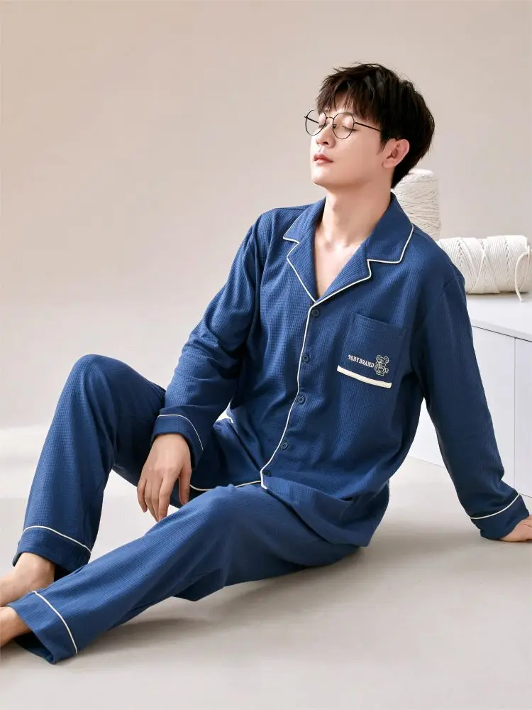 

Men's cotton pajamas Spring and Autumn warm underwear Blue Boys homewear casual comfortable suit Men's gifts Couples Qanscoco