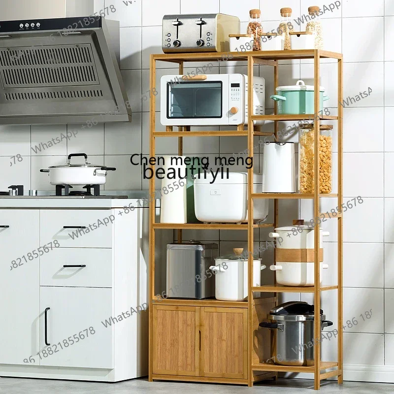 

new styleKitchen Shelf Floor Multi-Layer Storage Microwave Oven Storage Rack Household Pot Rack Storage Cabinet Bamboo Solid Woo