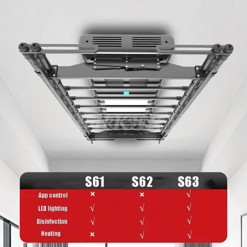 전동 천장 리프팅 의류 건조 랙, 텔레스코픽 막대 조명 건조기, 리모컨 소독 가열 및 건조 