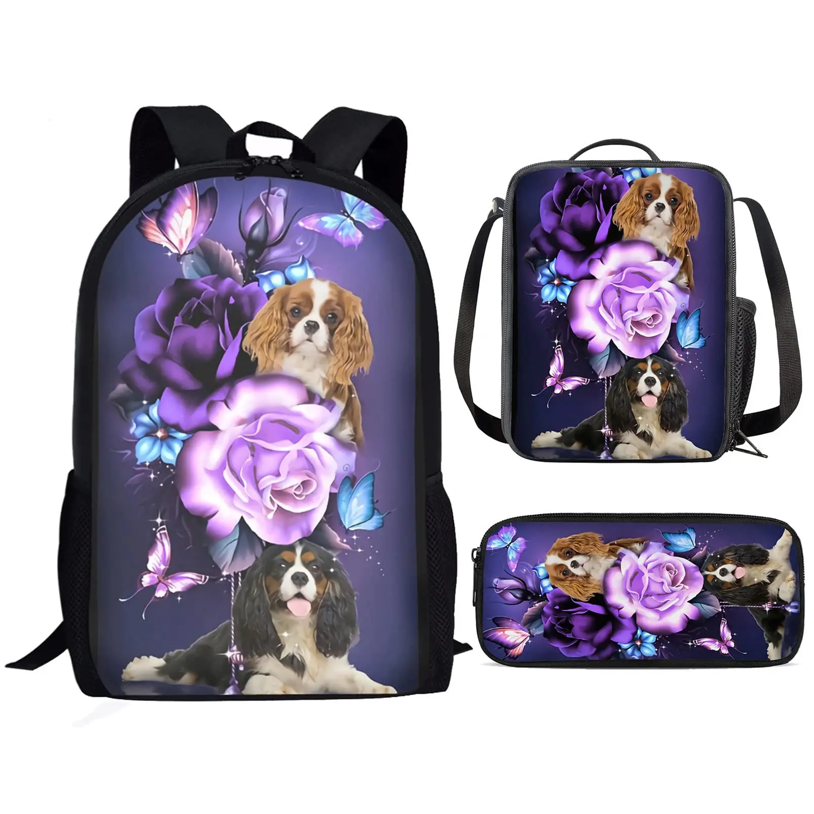 Cute Dog Spaniel Floral Designer 3Pcs/Set School Bags Teenager Boys Casual Backpack Shoulder Bag Pencil Case Lightweight Bag