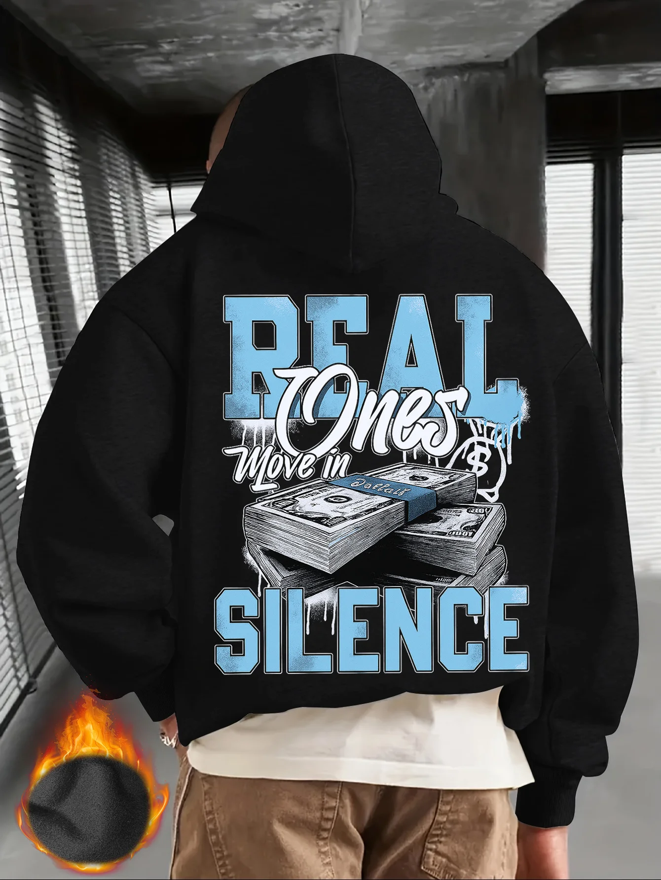 Retro Hip-Hop Men's Hooded Sweatshirt - Money Stacked Letter Print Hooded Sweatshirt for Casual and Relaxed Street Style Duo